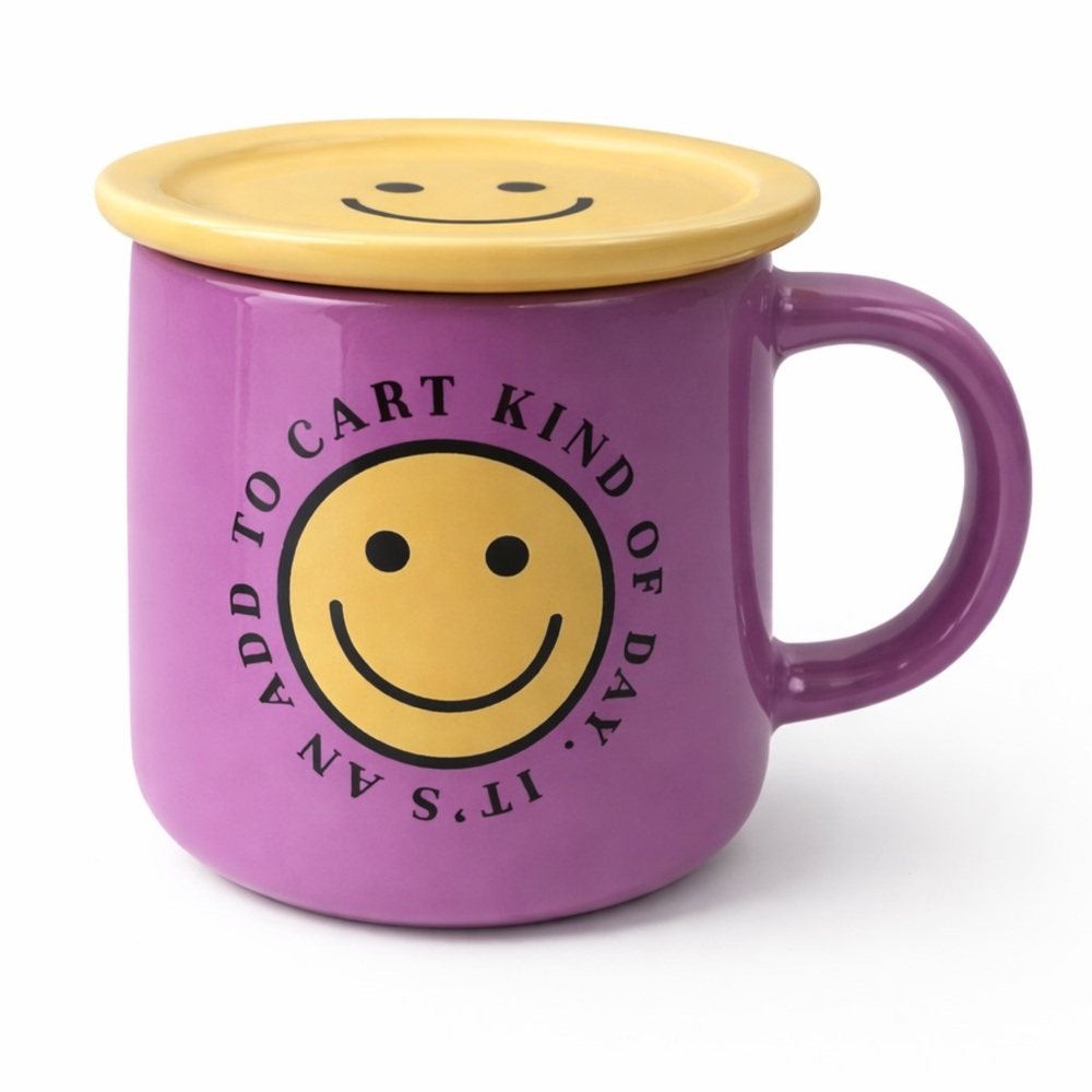 Smiley Face‎ Purple Ceramic Mug with Yellow Lid
